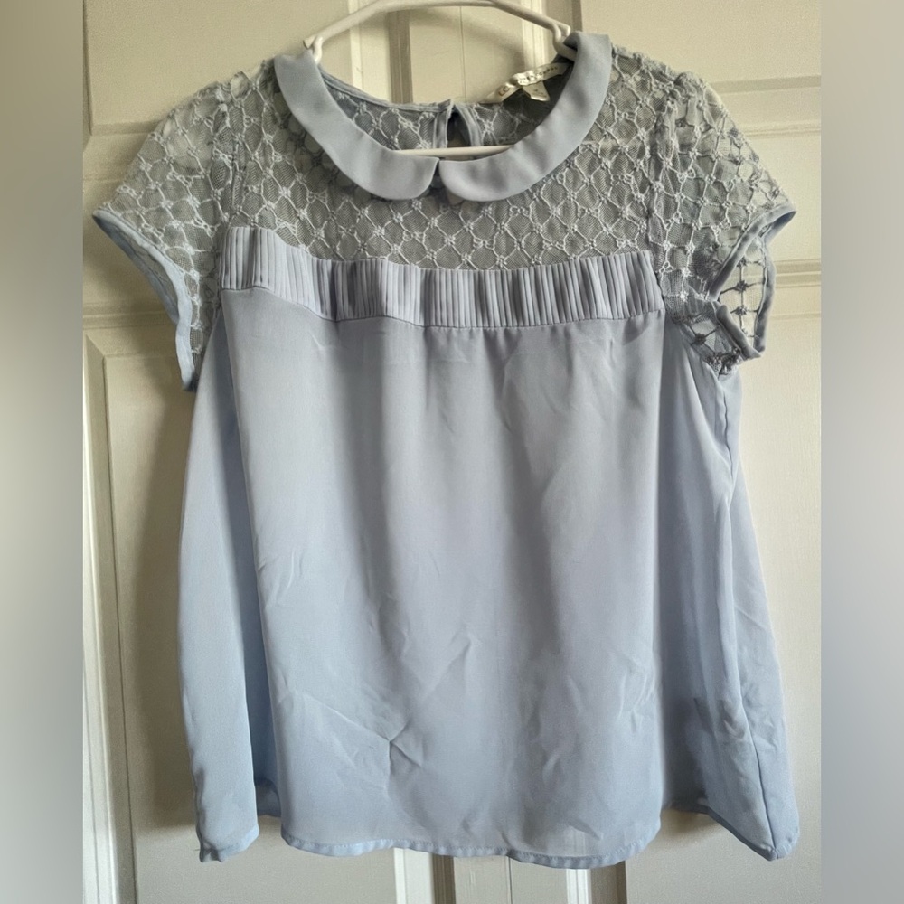Lauren Conrad short sleeve blouse, light blue, size medium.